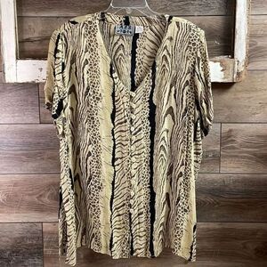 MPH Womens Vintage Animal Print Semi Sheer Short Sleeve Button Front Blouse 3X